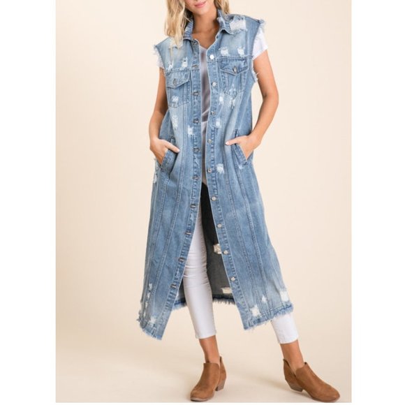 Plus Distressed Long Maxi Denim Vest Jean Jacket - Picture 3 of 7